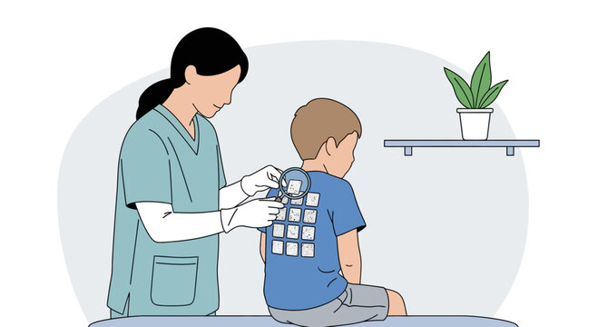 Doctor examines child's back with allergy patch test for skin reaction diagnosis