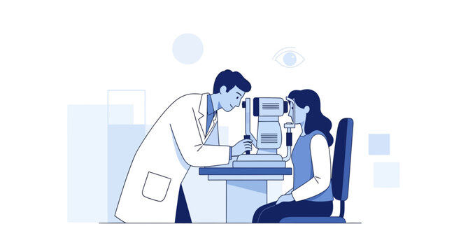 Optometrist examining patient's eyes with ophthalmoscope in clinic, eye care concept