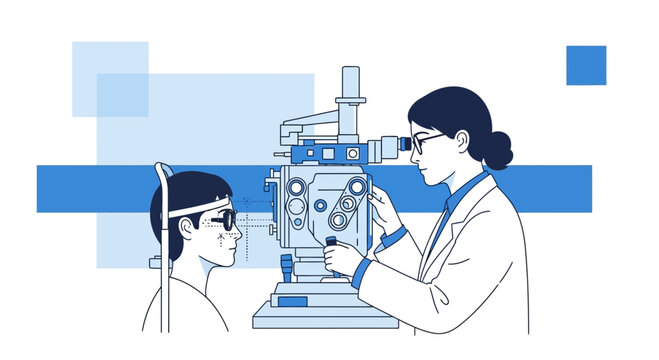 Optometrist examining patient's eyes with ophthalmoscope for vision test