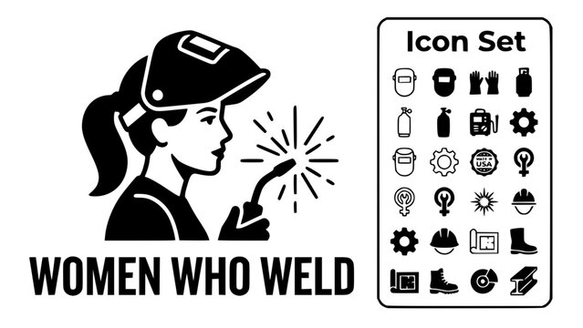 Women Who Weld Female Welder Icon Set Welding Mask Industrial Pride Sparks Trades Woman Metal Fabrication Vector Illustration