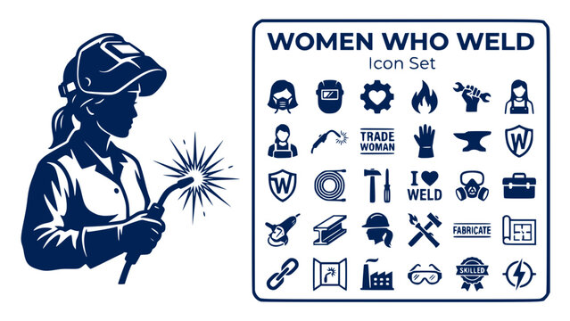 Women Who Weld Female Welder Icon Set Welding Mask Industrial Pride Sparks Trades Woman Metal Fabrication Vector Illustration