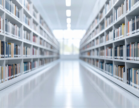 図書館の本棚が並ぶ通路　整然とした書棚と奥行きのある清潔感あふれる室内　読書や学習のイメージに最適な背景素材　教育や知性を連想させるパースペクティブな空間の静かなイメージ写真