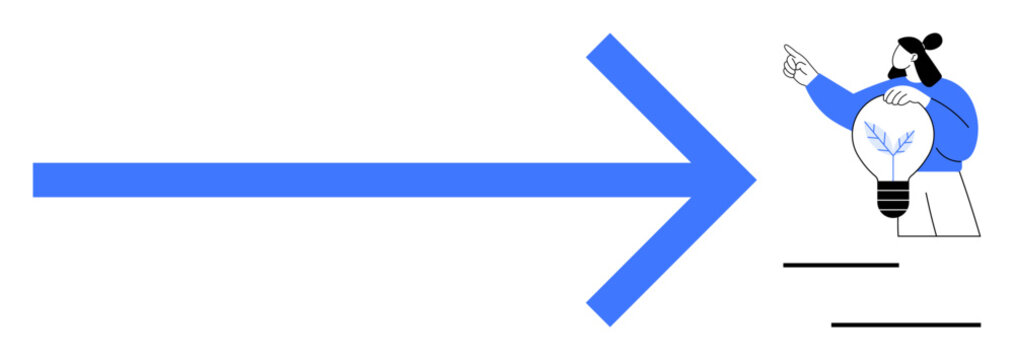 Innovation, creativity, forward thinking, idea generation, teamwork, progress. Person holding a lightbulb with an arrow pointing right. Innovation and creativity concept