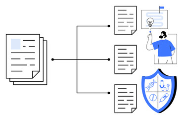 Data management, information security, document processing, innovation, knowledge flow, file categorization, conceptual design. Multiple files linked to ideas and security. Data management © robu_s