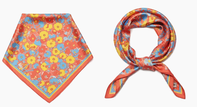 Floral-patterned silk scarf displayed in two designs on white background  