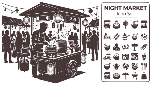 Night Market Street Food Icon Set Steam Vendor Market Atmosphere Food Culture Flame Light Street Vendor Asian Market Vector Illustration