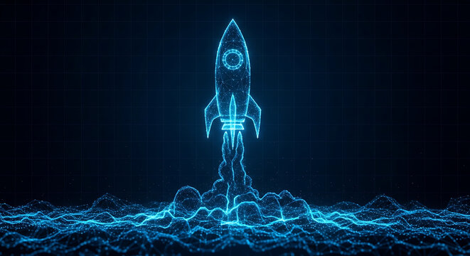 Digital glowing rocket launch wireframe concept on dark background with business technology innovation wireframe abstract exploration development progress computer information
