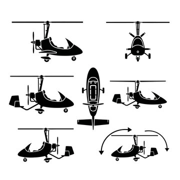 Autogyro Aircraft Views: Top, Side, Front, Back, and Rotation