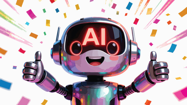 Happy robot with ai on screen giving two thumbs up surrounded by bright colorful confetti and light streaks.