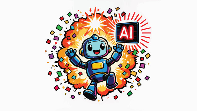 Joyful blue robot celebrating ai breakthrough with exploding confetti and ai chip.