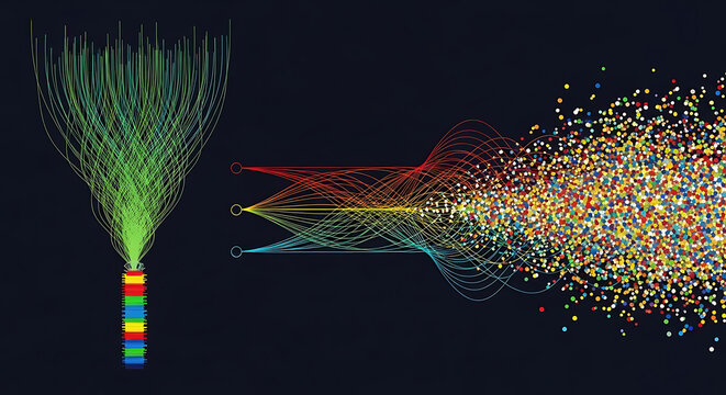 Data streaming visualization showing particle dispersal from colorful vertical bar with streaming visualization particle dispersal colorful abstract technology information movement background