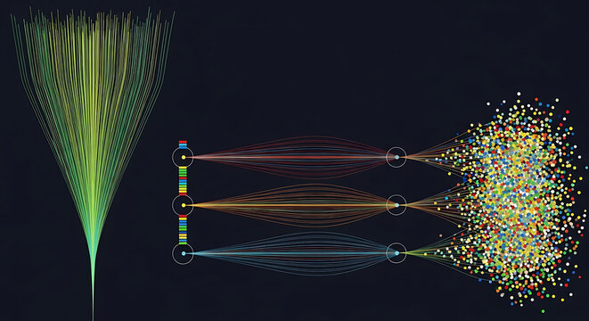 Abstract digital data stream visual representation with colorful particle bursts on dark background abstract particles technology information communication connectivity processing background