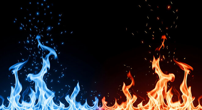 Abstract background featuring cold blue and hot orange fire flames colliding contrast abstract background fireworks