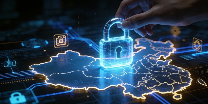 Holographic padlock over digital China map with hand, cyber security data protection technology background for secure network privacy content