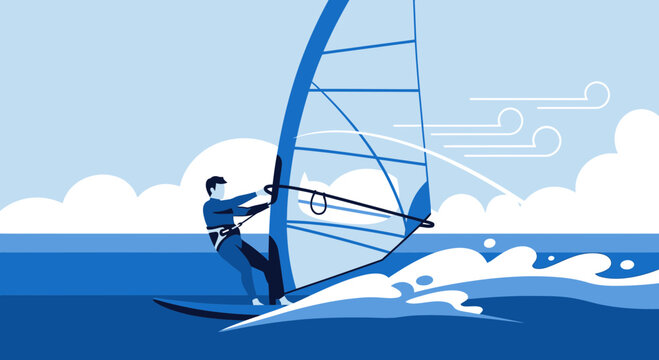Windsurfer riding a wave on a sunny day, blue ocean, dynamic action sport