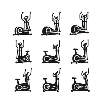 Elliptical Machine Icons Set: Silhouette Fitness Equipment Collection