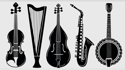 Fototapeta premium musical instruments collection with violin harp cello saxophone and banjo black silhouettes