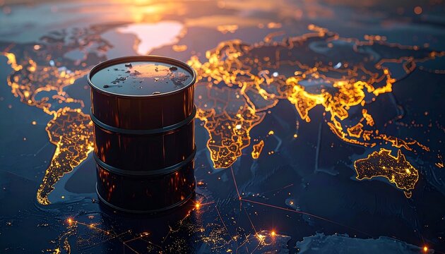Black oil barrels on a world map with glowing trade network lines. An illustration of international petroleum import and export logistics and a futuristic global energy economy.