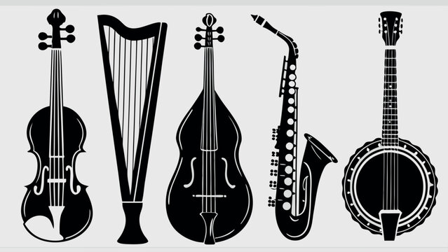 musical instruments collection with violin harp cello saxophone and banjo black silhouettes