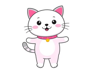 Fototapeta premium Adorable cartoon cat with a pink collar and golden tag. Arms outstretched, smiling, whiskers present, and cute