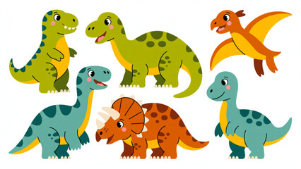 Naklejka premium Cute Cartoon Dinosaur Vector Collection – T-Rex, Triceratops, Brachiosaurus and Pterodactyl Set for Kids