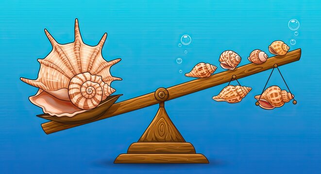 Coquillages sur une balance repr&eacute;sentant la valeur et la comparaison (illustration)