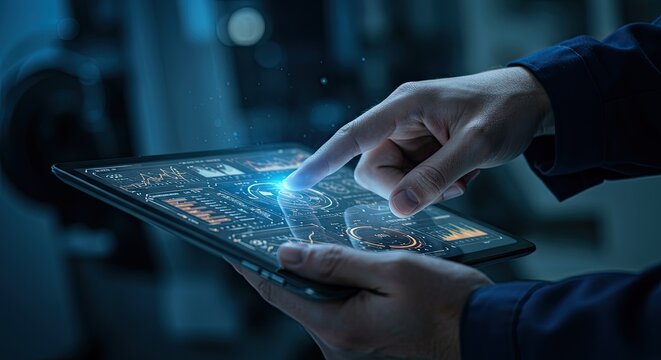Personne interagissant avec une tablette num&eacute;rique affichant des donn&eacute;es