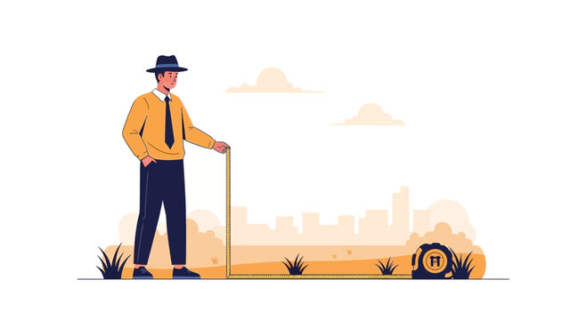 Surveyor measuring land with tape measure, city skyline background, business concept