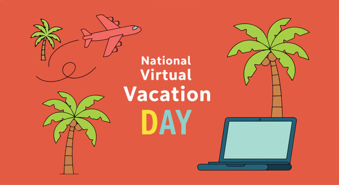 Bright and colorful digital illustration celebrating virtual vacation day with palm trees, airplane, and laptop
