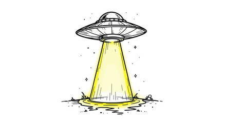 Hand-drawn UFO beaming light down on white background © Nur