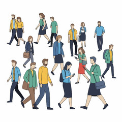 Obraz premium Diverse group of people walking, urban crowd, business casual, flat illustration style