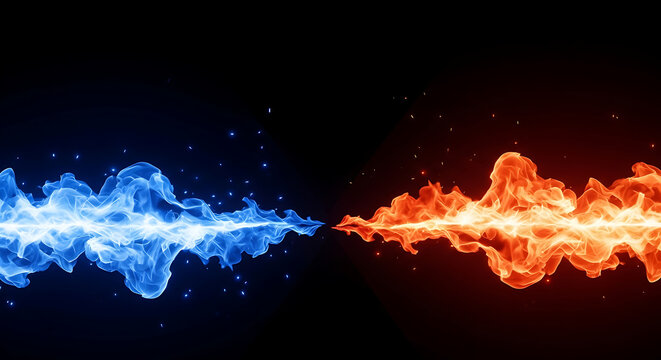 Conceptual representation of opposing elements with blue and orange fire flames facing each other on black background contrast opposing abstract elemental background combustion fireball