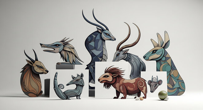 Collection of pixel art mythical creatures and animals, including a lion, wolf, deer, and abstract beasts, displayed on pedestals with a neutral background