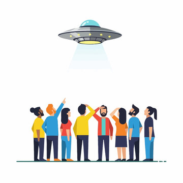 People looking up at a flying saucer, alien abduction concept