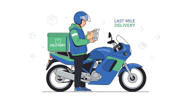 Motorcycle delivery rider with package and helmet, last mile logistics concept