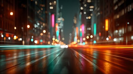 Obraz premium A vibrant night scene capturing a city street with bokeh effect, with bright lights, and blurred motion blurring and a sense of movement