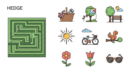 Fototapeta premium Pixel art collection of summer outdoor activities, including a maze, picnic basket, kite flying tree, park bench, sun, bicycle, squirrel, flowers, and sunglasses