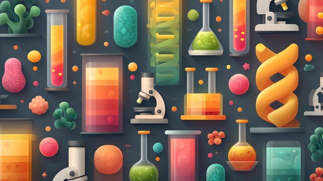 Colorful array of laboratory beakers, test tubes, and scientific equipment, all set against a dark background, evoking a sense of scientific exploration and discovery.