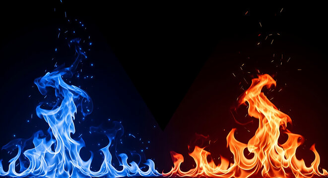Contrast between blue and red fire flames on dark background with contrast background abstract opposing temperature darkness intensity