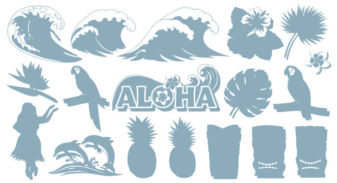 Hawaiian Tropical Icons: Aloha, waves, parrot, hula dancer, pineapple, hibiscus, monstera