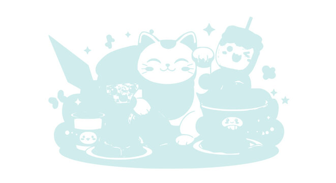 Cute Kawaii Characters: Cat, Boba Tea, and Dessert Collection