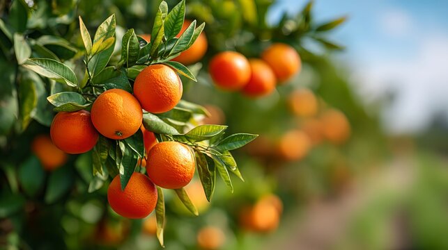 Fresh oranges hanging from the branches of a citrus tree, a close-up shot, shows the vibrant fruit with their green leaves in sunlight