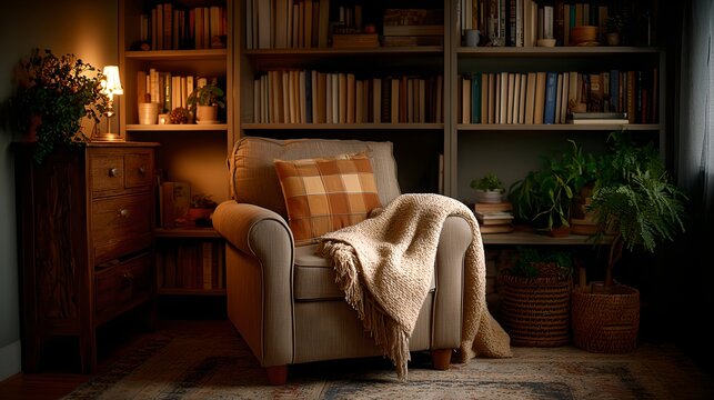 An inviting cozy reading nook in a home library with soft lighting and a comfortable armchair. The room is filled with books, plants and decor to create a relaxing space. 