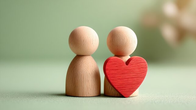 Two wooden figures are embracing a heart shape symbolizing love and affection. The scene represents a moment of togetherness, intimacy, and care.