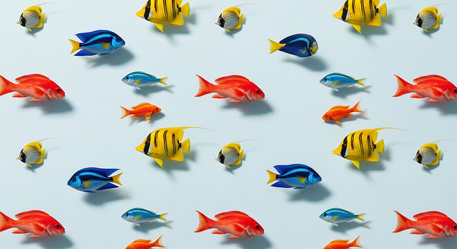 pixel art pattern of tropical fish in various colors and sizes, repeating underwater scene, blue background, playful and vibrant illustration