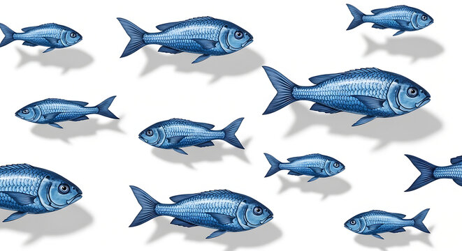 pixelated blue fish swimming in a school, pattern of aquatic creatures, digital illustration with shadows