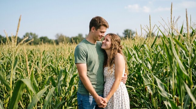 A young couple stands in a lush cornfield, gazing at each other with affection. This visual metaphor represents a burgeoning love, suggesting a relationship that is rooted, growing, and full of season