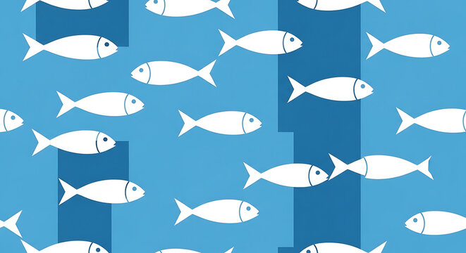school of pixelated white fish swimming in blue water, seamless pattern, repeating illustration, marine life, digital art