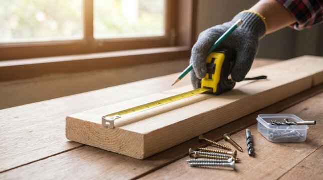 Dyscalculic builder double checking millwork calculations with tape measure