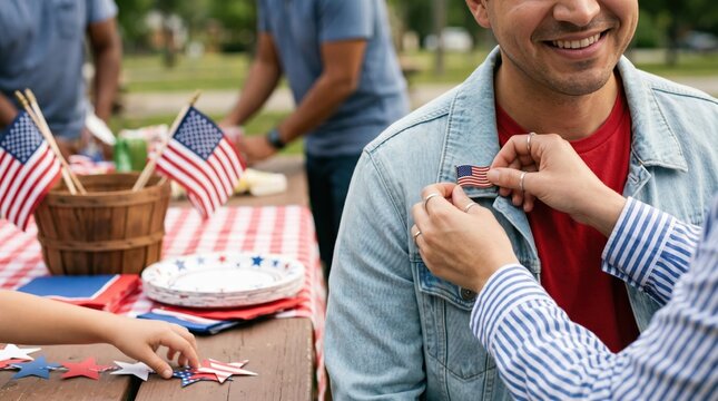 Local political candidate campaign manager proactively pinning national flag on denim jacket